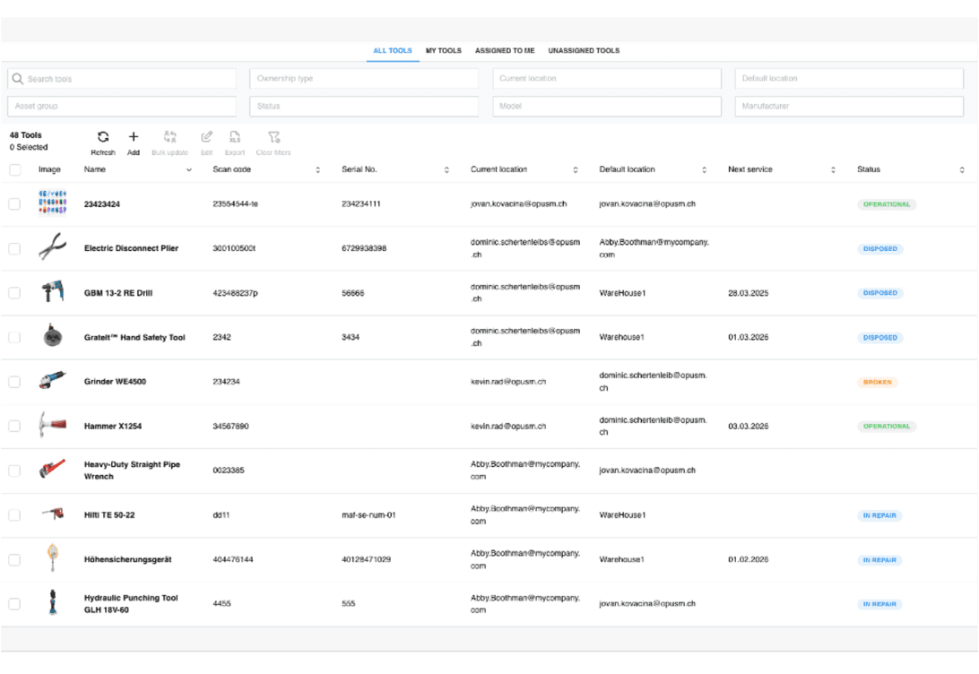 OPUS Tools Werkzeugliste in SAP FSM mit Standort, nächstem Service und Status jedes Werkzeugs