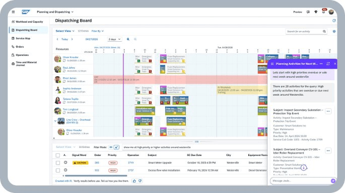 SAP FSM Dispatching Board mit Einsätzen und Technikern