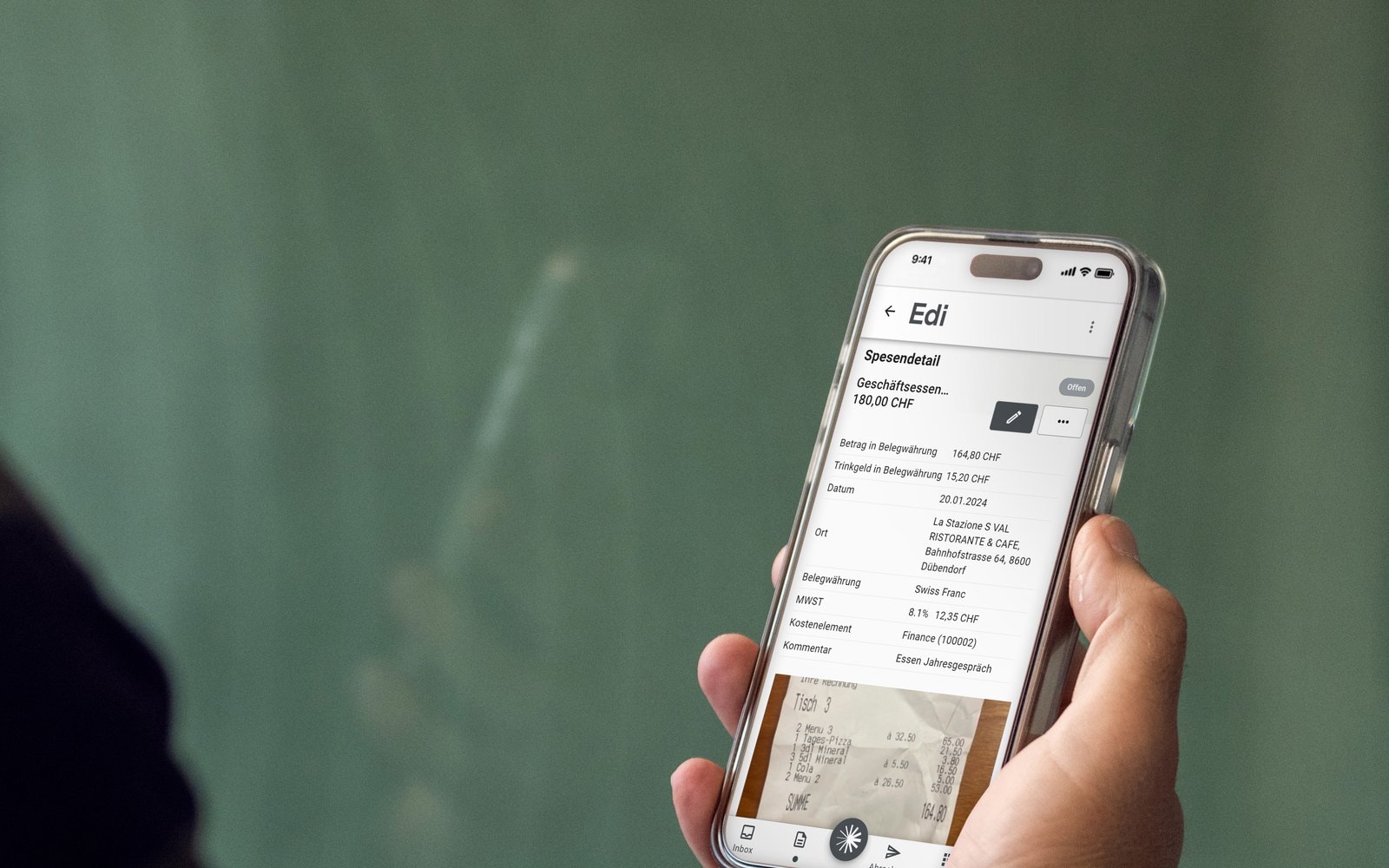 Edi App — Spesendetail eines Geschäftsessens mit Beleg
