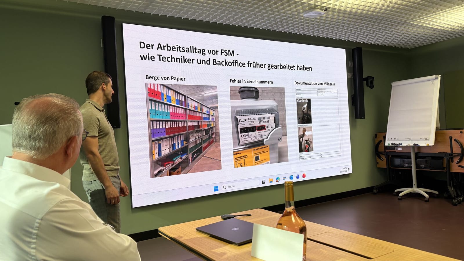 Präsentationsfolie «Der Arbeitsalltag vor FSM» beim Road-to-Value-Stopp in Zürich